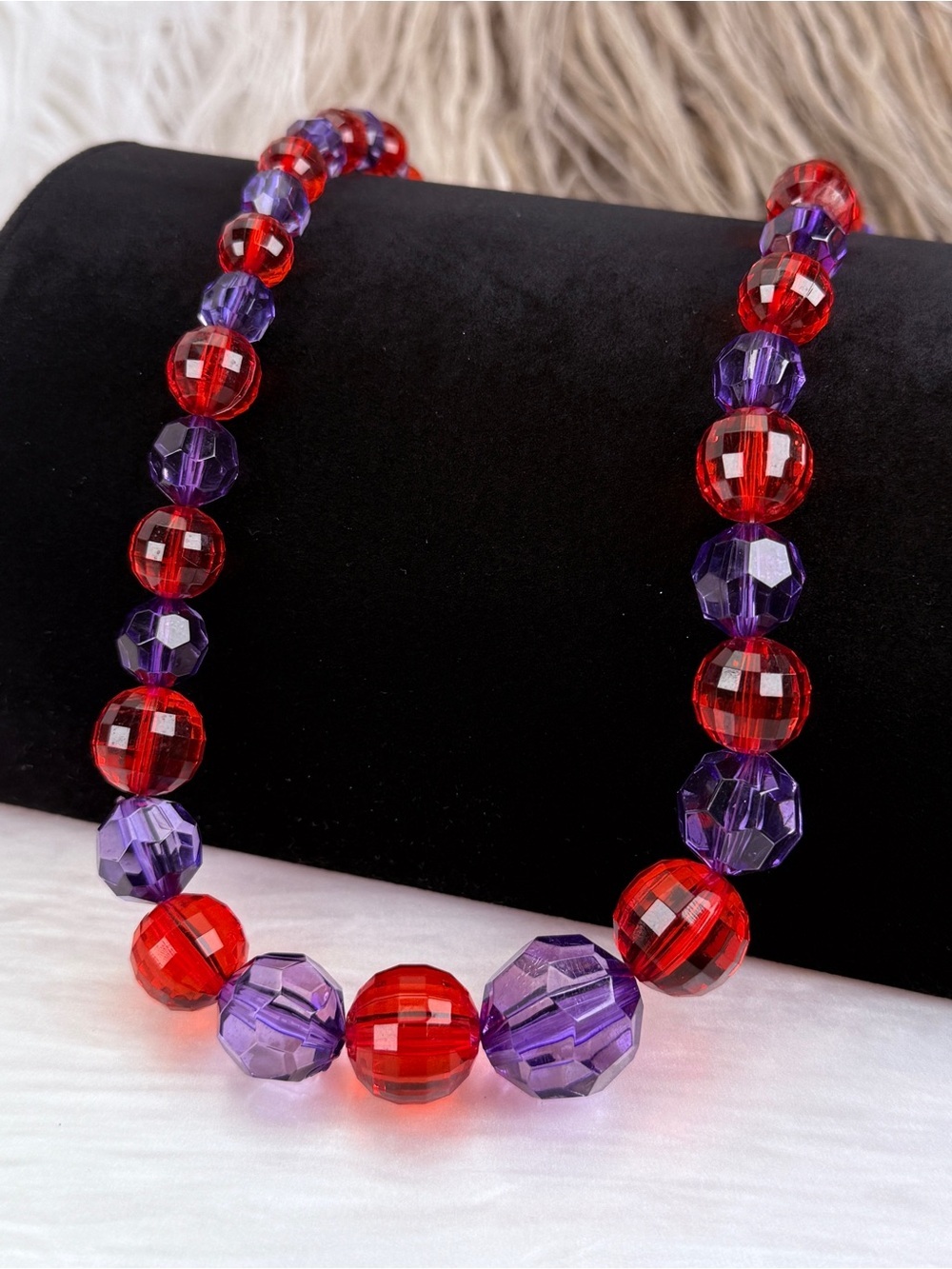 Vintage Red Purple Faceted Bead Necklace Acrylic Statement 30"